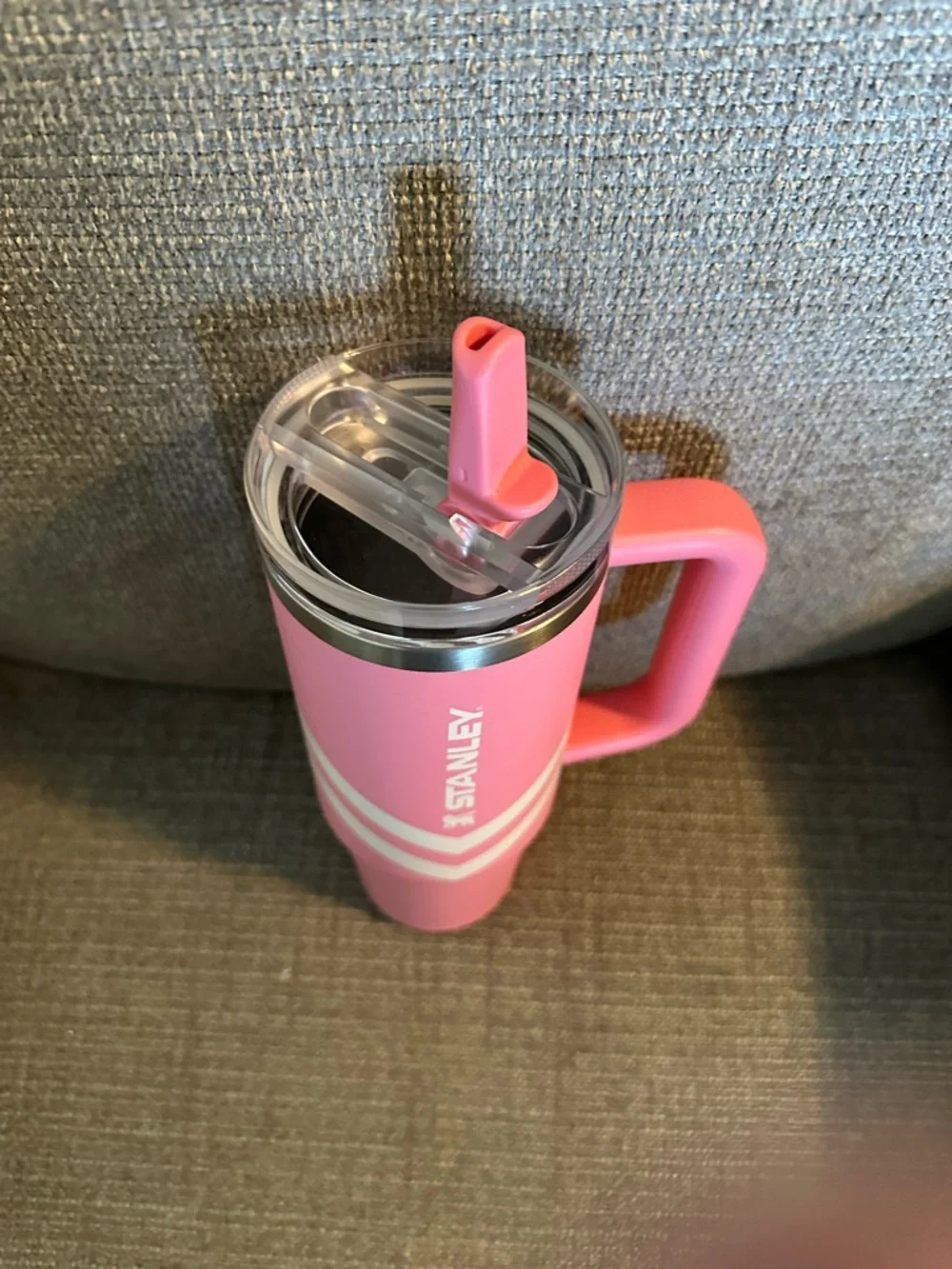 Stanley Pink Travel Tumbler with Handle and Chevron Stripes - Picture 2 of 6